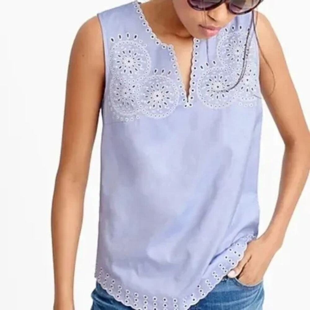 J. Crew Chambray Cotton Embroidered Eyelet Lace Sleeveless Blouse 00P Blue